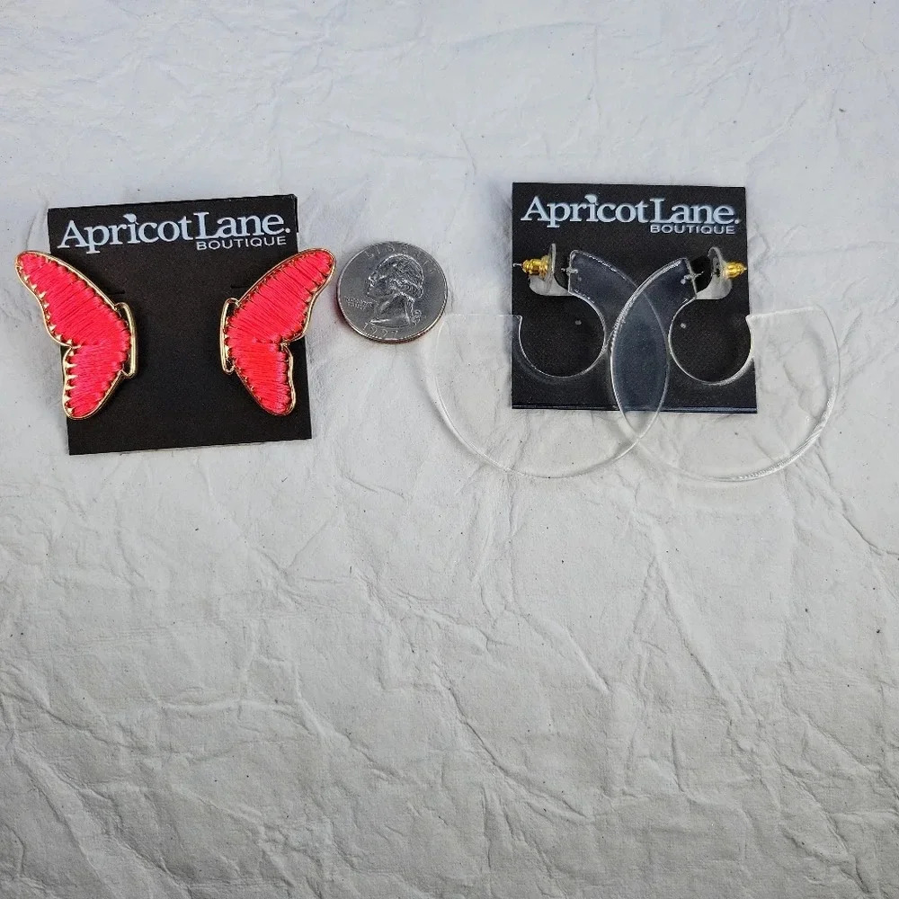 NEW Apricot Lane Earrings 2 Pair Hot Coral Butterfly Wings Clear Hoops M… - Picture 7 of 9